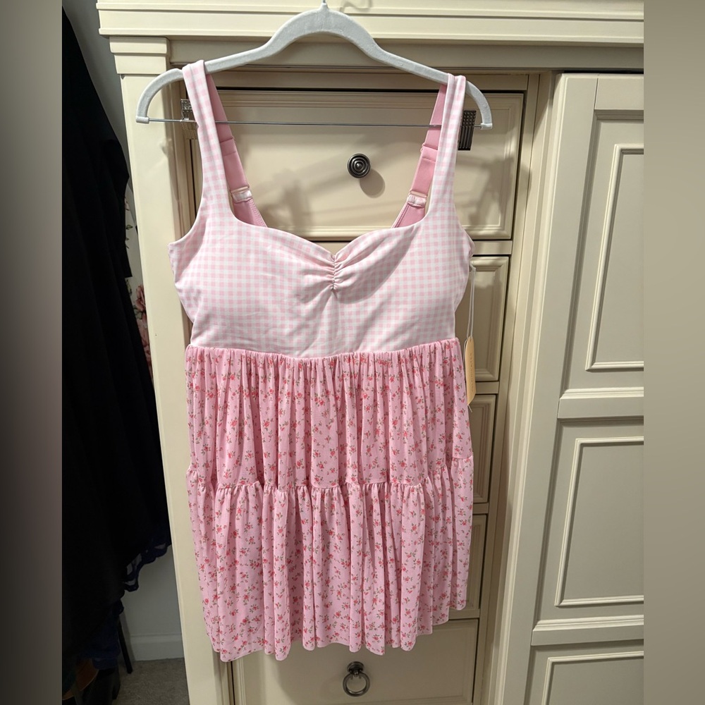 Blogilates Pink Gingham & Floral Tiered Dress